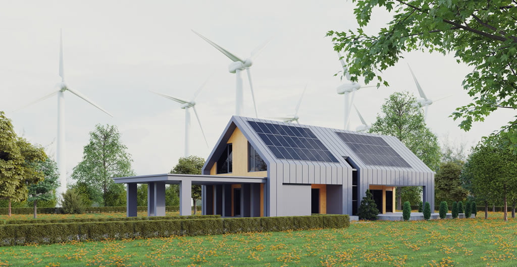 Modern eco house with solar panels and windmills to use alternative energy.